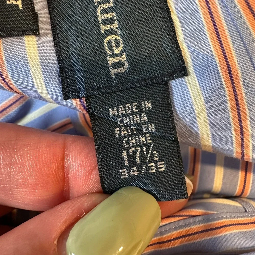 Ralph Lauren Men's 17.5- 34/35 Button Shirt‎ Long Sleeve Striped Blue